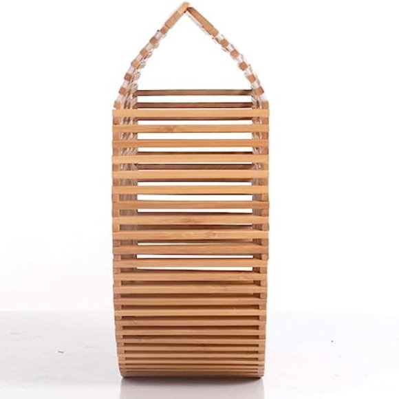 Bamboo Pool Tote Beach Bag Tan Brown Woven Wood Wicker Hippie Purse Bohemian - Picture 3 of 10